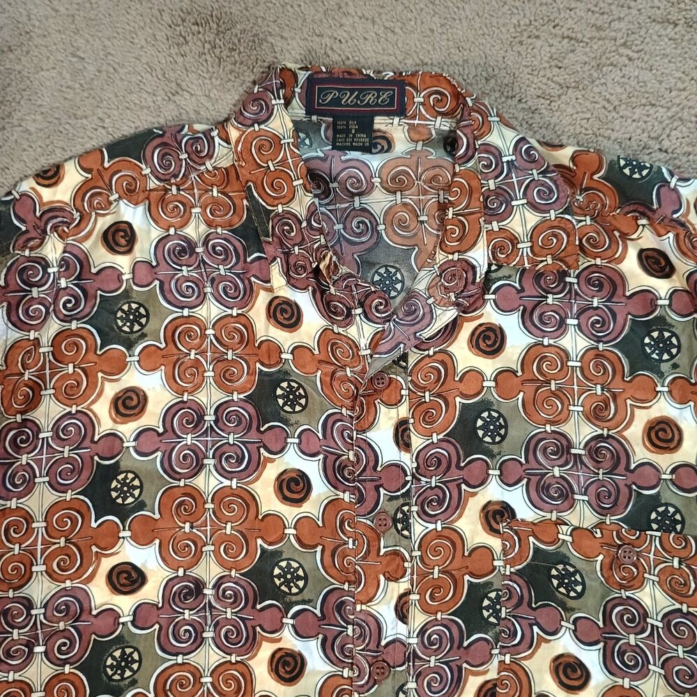 Pure 100% Silk‎ Geometric Scroll Print Short Sleeve Button Down Shirt Size S